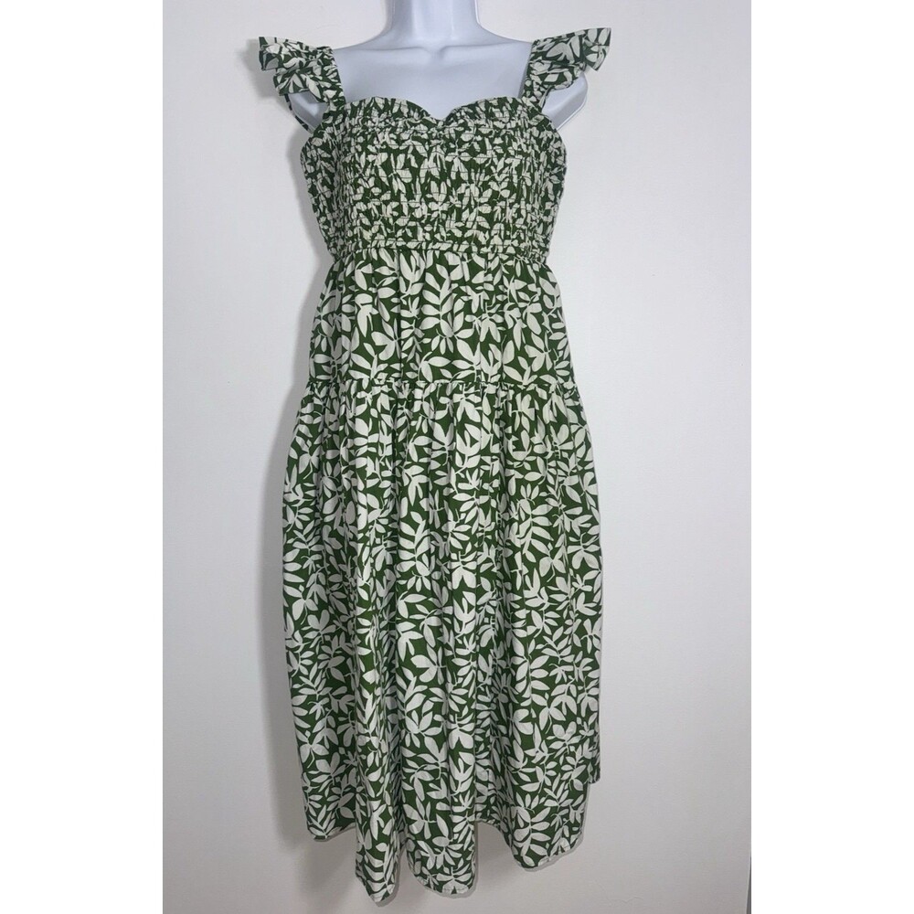 Abercrombie Fitch Green White Floral Smocked Ruffle Midi Dress Pockets Women LP